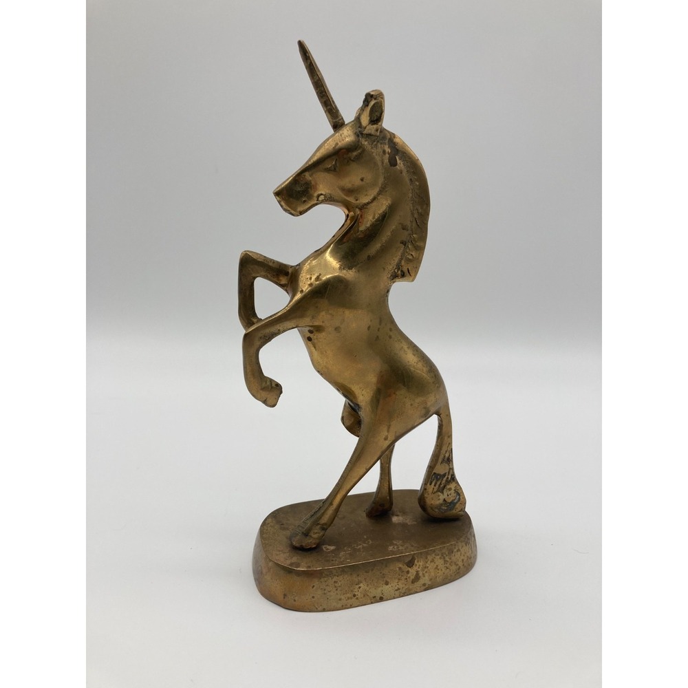 Vintage Solid Brass Rearing Unicorn Figurine Statue 7"